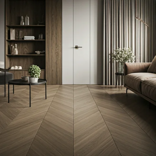 Modern luxury living room with herringbone vinyl flooring